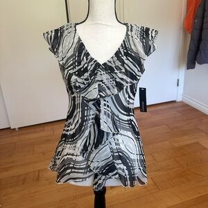 NWT Ideology Petite 100% Silk Ruffle Blouse Black + White Size PXS